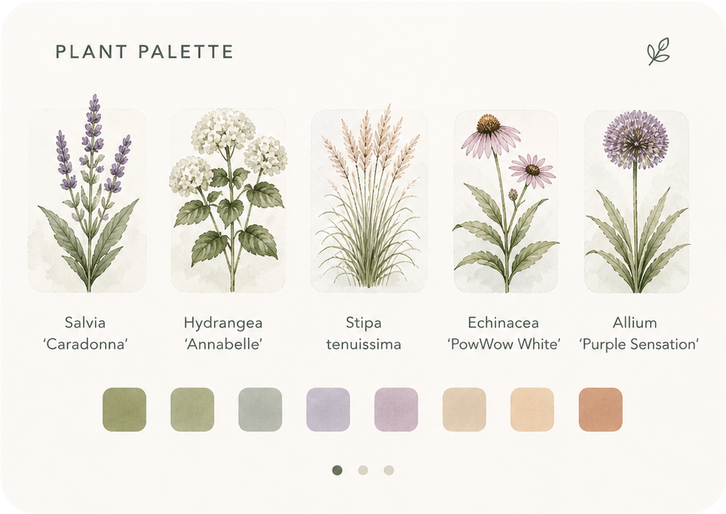 Plant palette with illustrated garden plants and color swatches